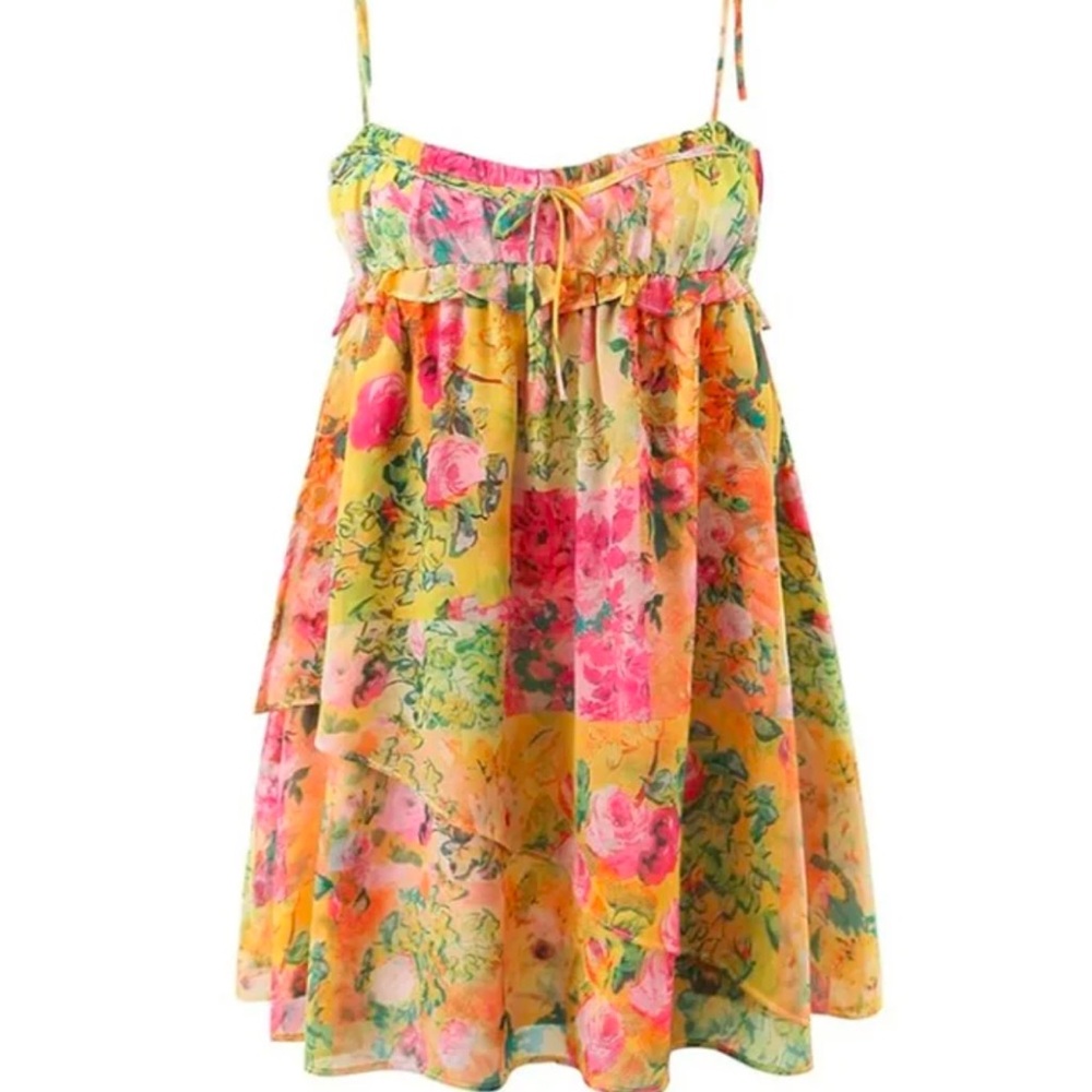 NWT BOHO STYLE BOW TIE HIGH RISE FLORAL PRINTED SUMMER BABYDOLL MINI SUNDRESS